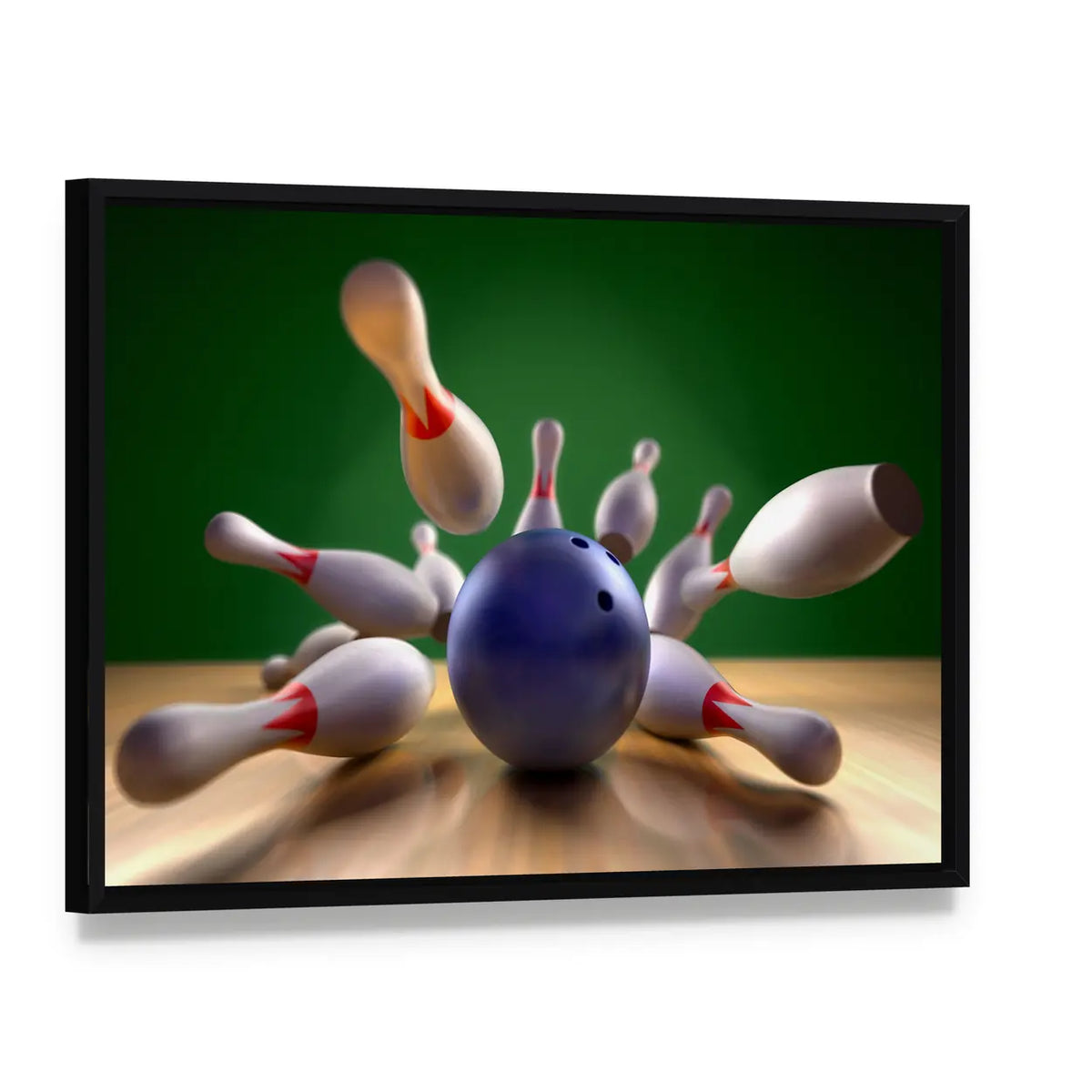 Bowling Strike Artwork Canvas Wall Art, framed canvas in a black floater frame, angled product view