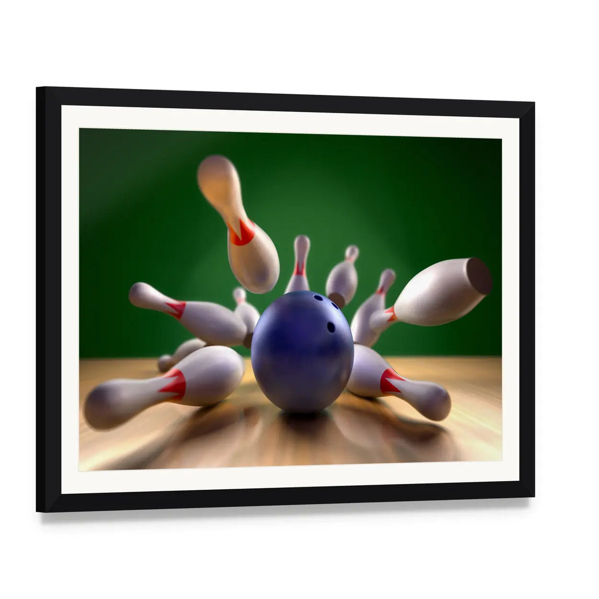 Bowling Strike Artwork Canvas Wall Art, framed print with white mat and black frame, angled product view
