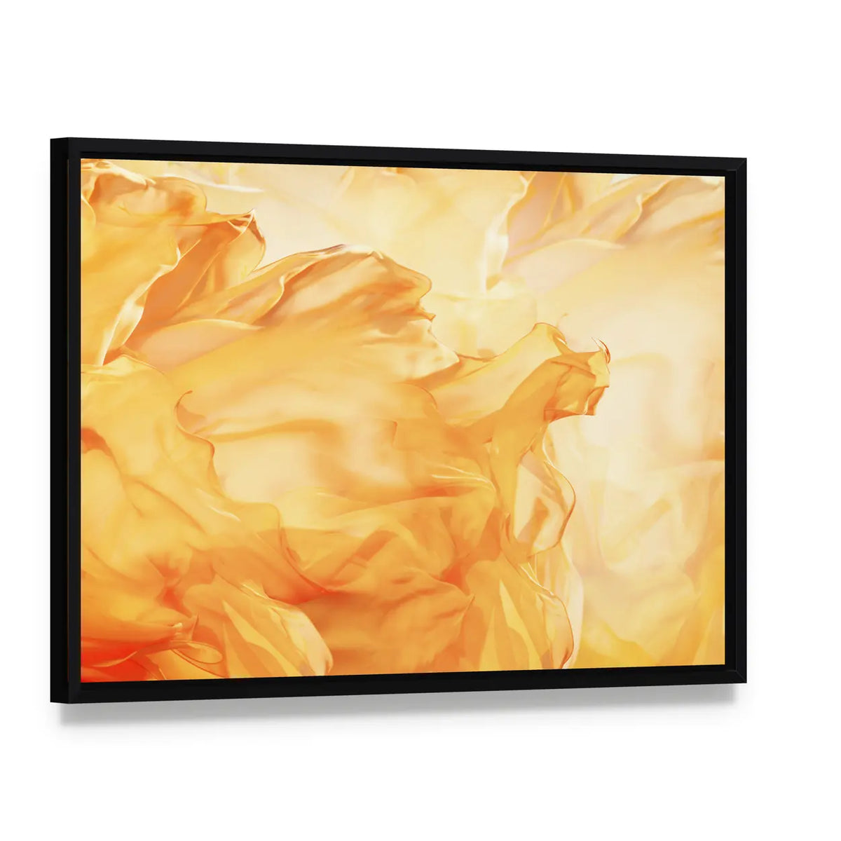 Golden Flowing Fabric Abstract Canvas Wall Art, framed canvas in a black floater frame, angled product view