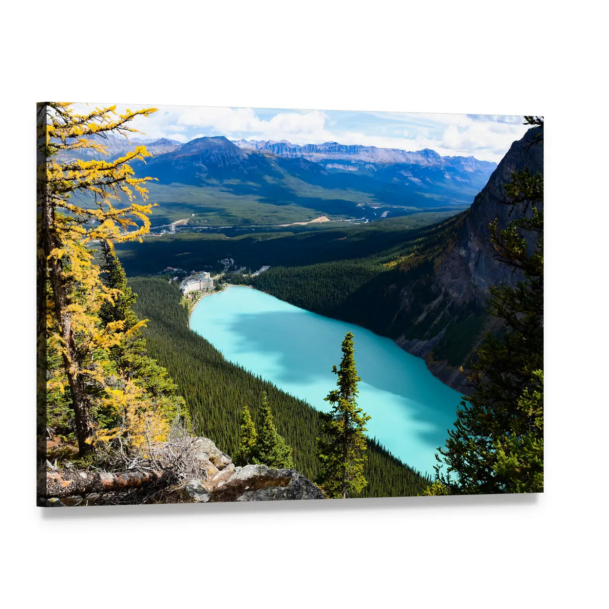 Overlook of Lake Louise Canvas Wall Art, single panel gallery wrapped canvas, angled product view