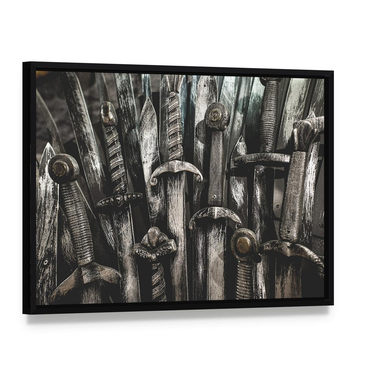 Iron Throne Swords Close-up Canvas Wall Art, framed canvas in a black floater frame, angled product view