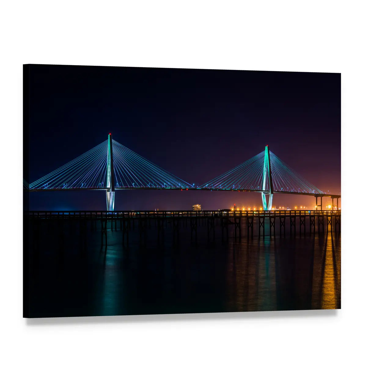 Arthur Ravenel Bridge at Night Canvas Wall Art, single panel gallery wrapped canvas, angled product view