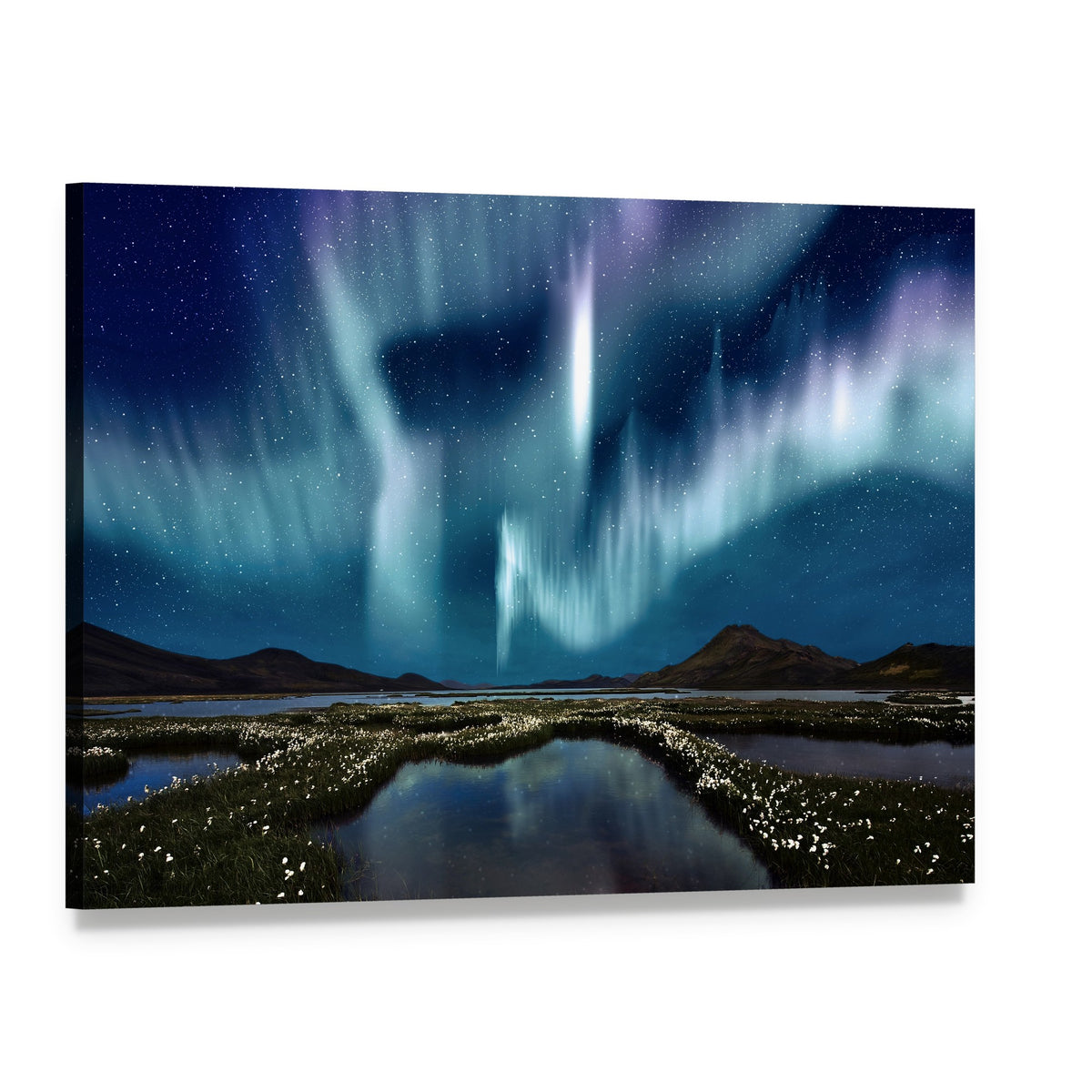 Northern Lights Over Wildflowers Canvas Wall Art, single panel gallery wrapped canvas, angled product view