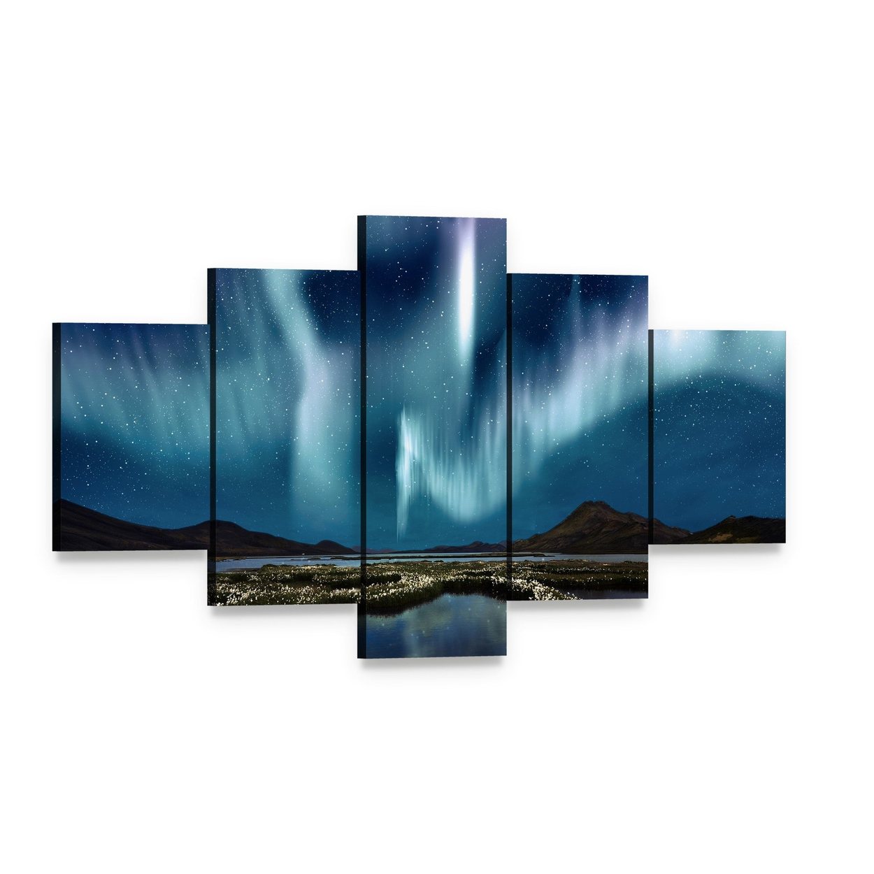 Northern Lights Over Wildflowers Canvas Wall Art, 5 panel 5 Star layout gallery wrapped canvas set, angled product view