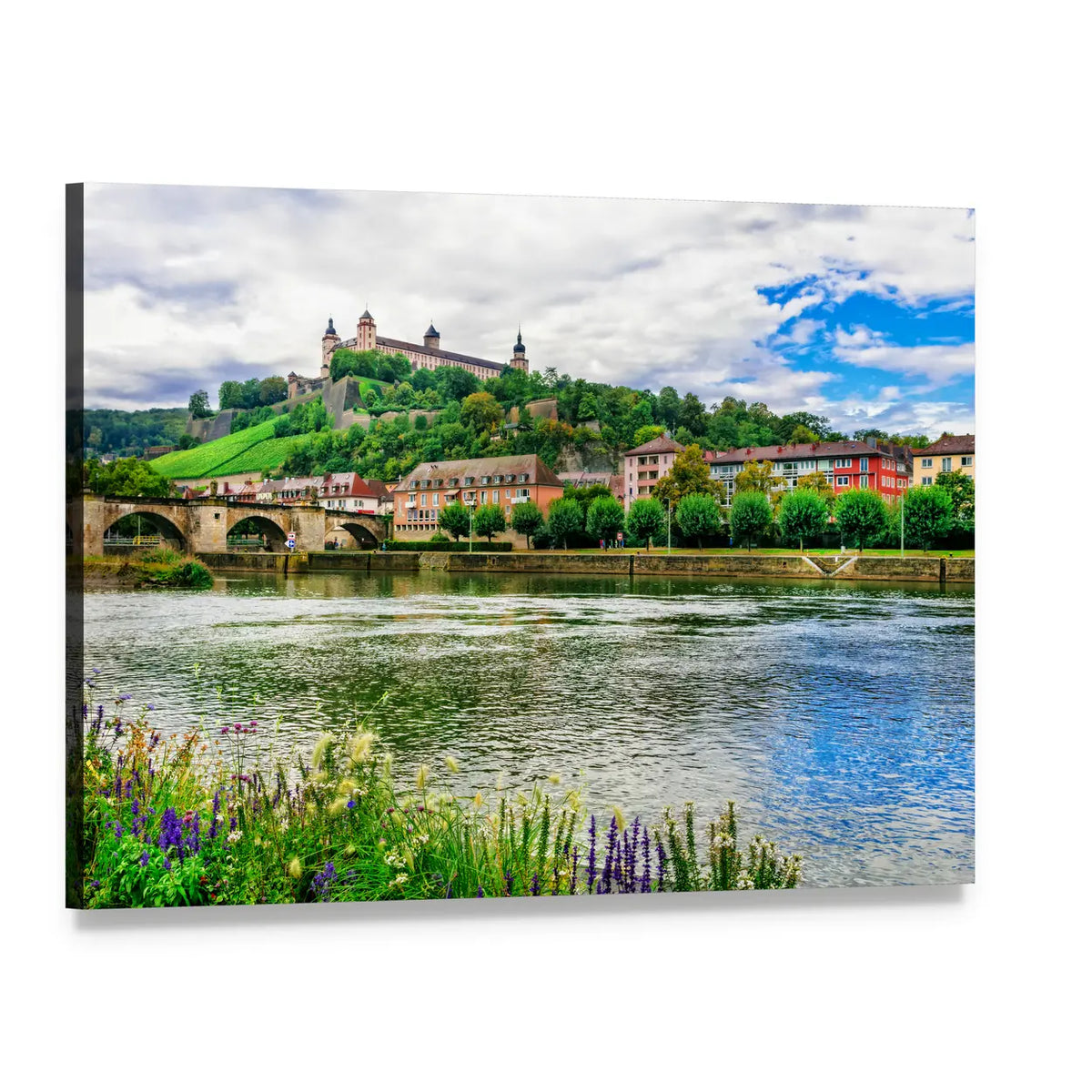 River with Hilltop Castle and Stone Bridge Canvas Wall Art, single panel gallery wrapped canvas, angled product view