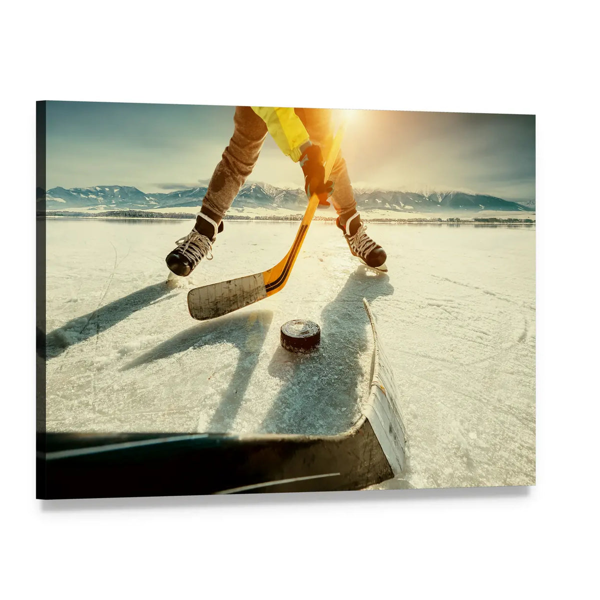 Ice Hockey Player on Frozen Lake Canvas Wall Art, single panel gallery wrapped canvas, angled product view