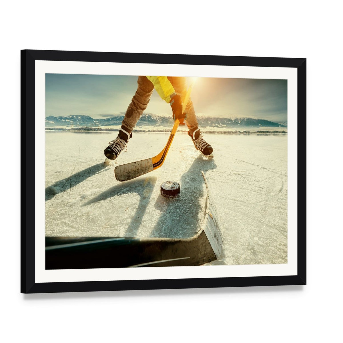 Ice Hockey Game Moment Canvas Wall Art, framed print with white mat and black frame, angled product view