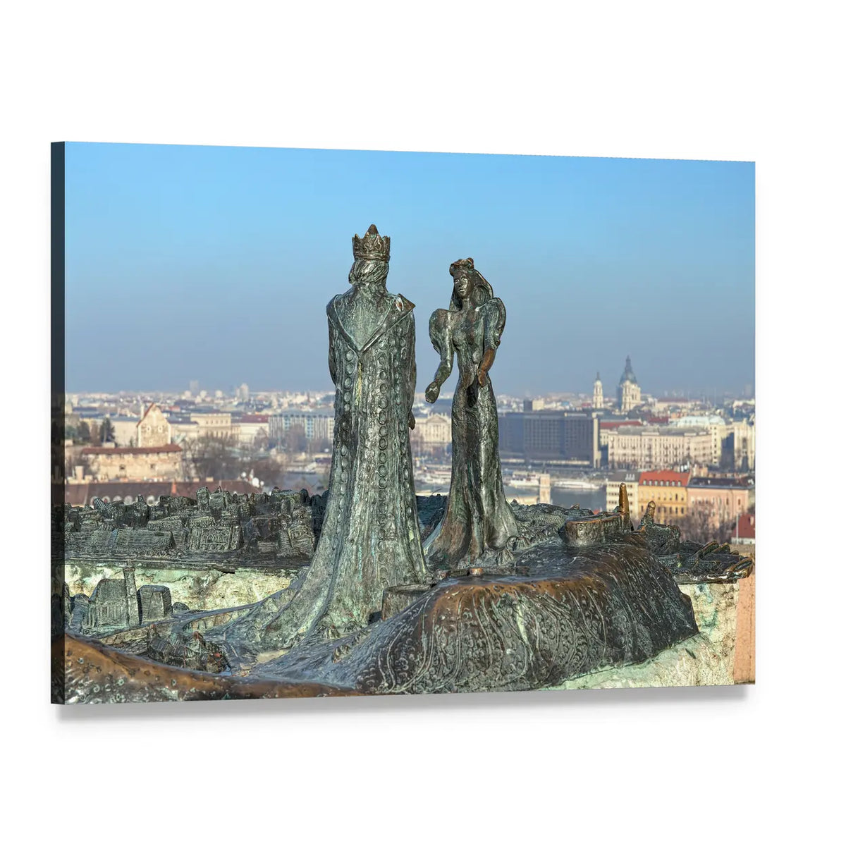 Prince Buda and Princess Pest Sculpture Canvas Wall Art, single panel gallery wrapped canvas, angled product view