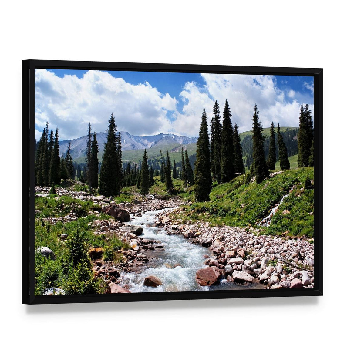 Summer Mountain Valley Kazakhstan Canvas Wall Art, framed canvas in a black floater frame, angled product view