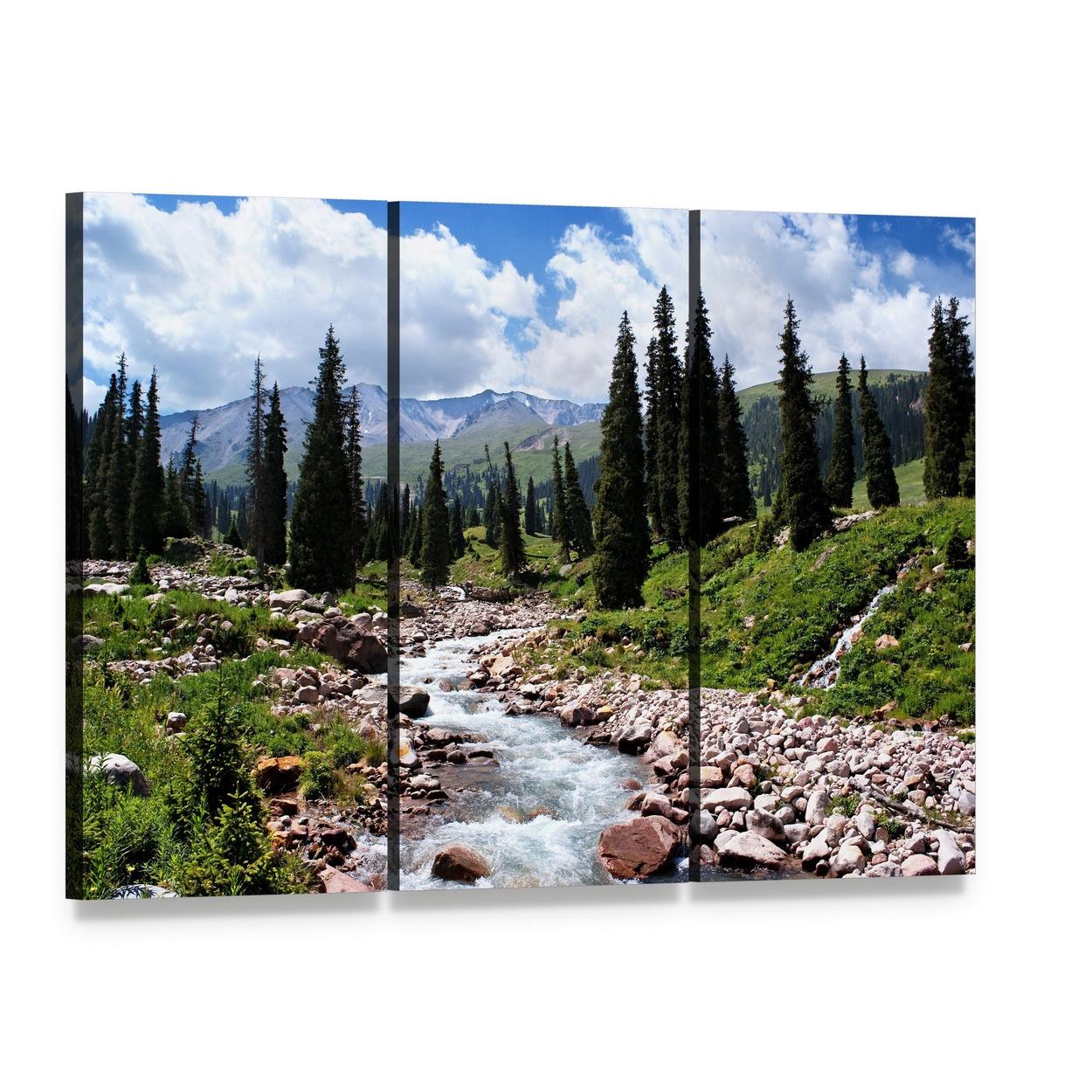 Summer Mountain Valley Kazakhstan Canvas Wall Art, 3 panel 3 Horizontal layout gallery wrapped canvas set, angled product view