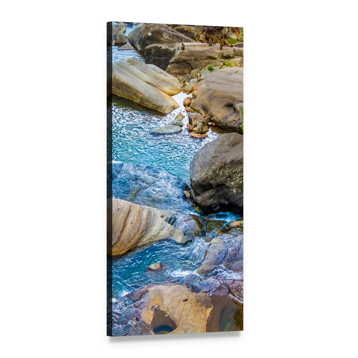 Clear Stream Between Smooth Rocks Vertical Canvas Wall Art, 1 panel 1 Vertical layout gallery wrapped canvas set, angled product view