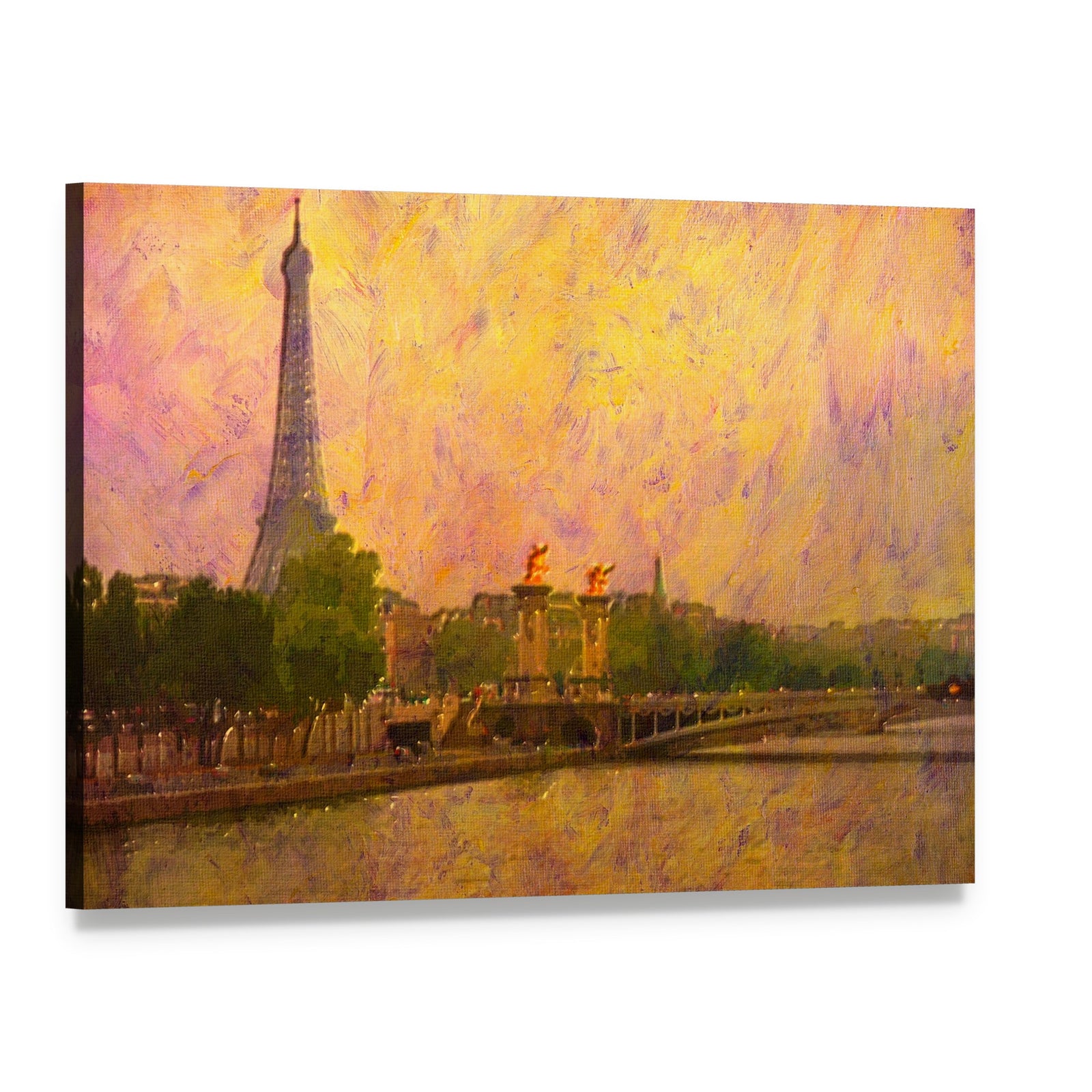 Watercolor Painting of Eiffel Tower Paris Canvas Wall Art, single panel gallery wrapped canvas, angled product view