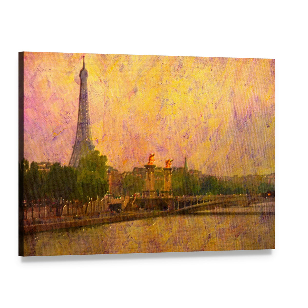 Watercolor Painting of Eiffel Tower Paris Canvas Wall Art, single panel gallery wrapped canvas, angled product view