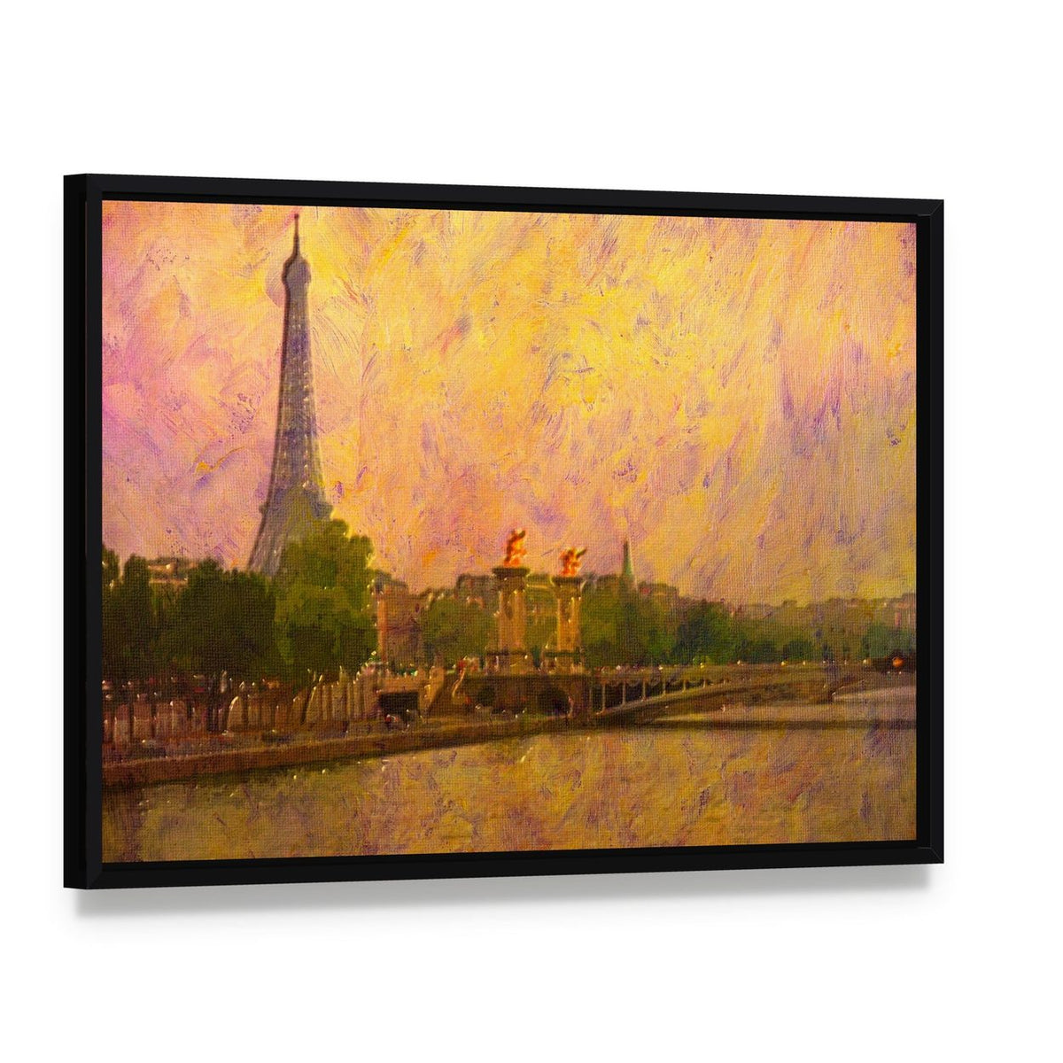 Watercolor Painting of Eiffel Tower Paris Canvas Wall Art, framed canvas in a black floater frame, angled product view
