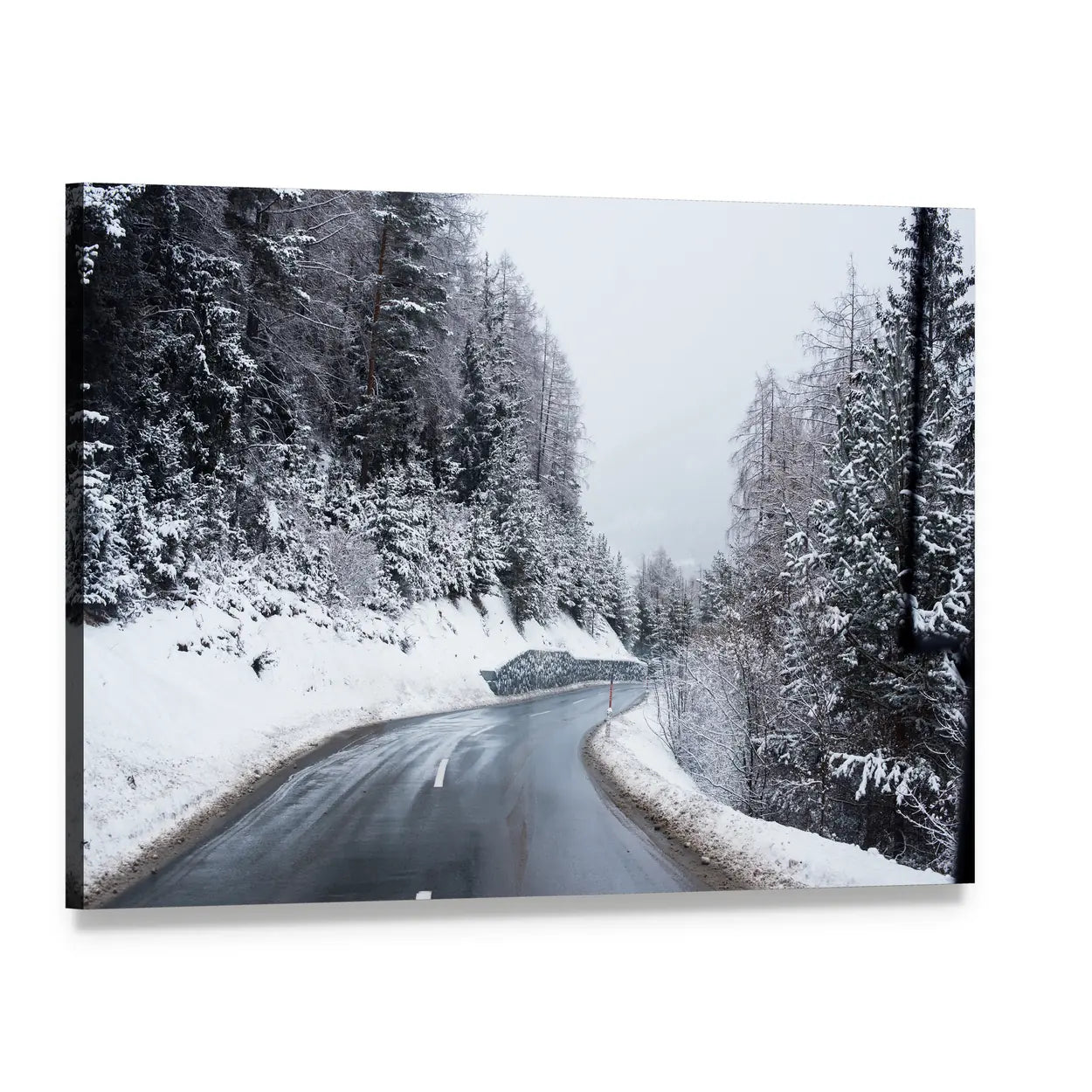 Winter Road Through Icy Forest Canvas Wall Art, single panel gallery wrapped canvas, angled product view