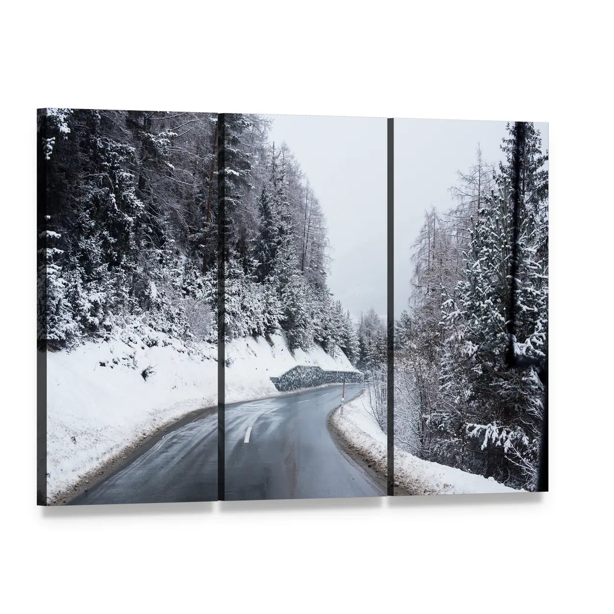 Winter Road Through Icy Forest Canvas Wall Art, 3 panel 3 Horizontal layout gallery wrapped canvas set, angled product view