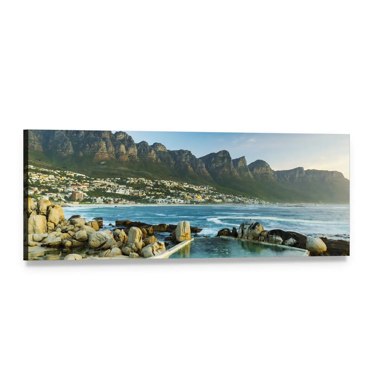Camps Bay and the Twelve Apostles Panoramic Canvas Wall Art, single panel gallery wrapped canvas, angled product view