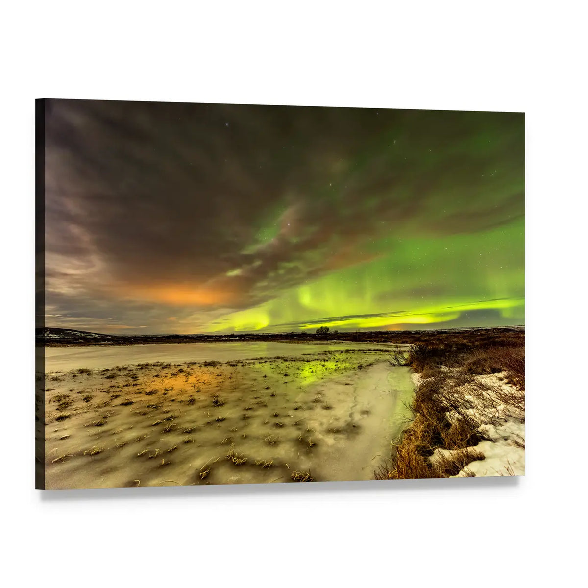 Aurora Reflected on Frozen Lake Canvas Wall Art, single panel gallery wrapped canvas, angled product view