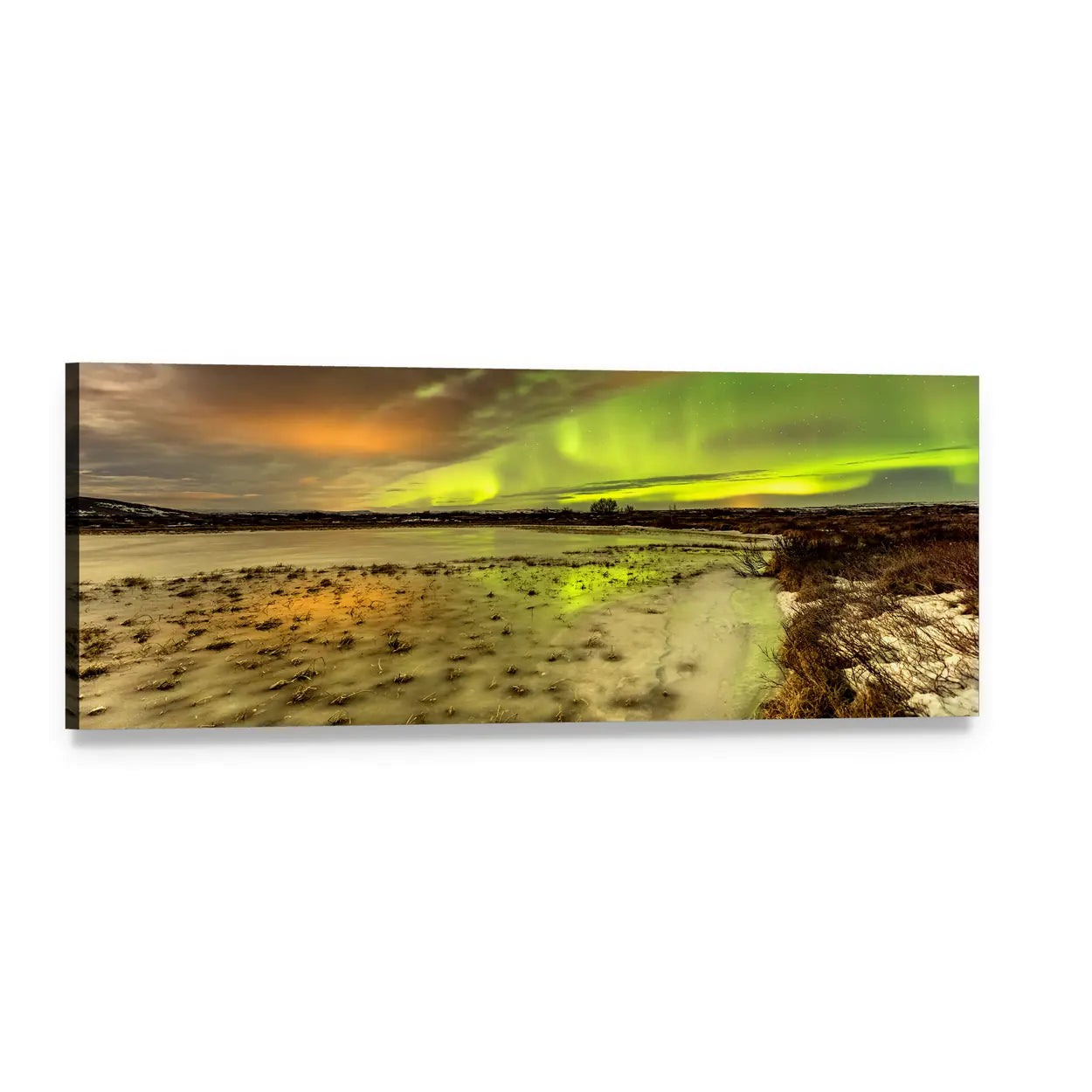 Aurora Borealis Over Frozen Lake Panoramic Canvas Wall Art, single panel gallery wrapped canvas, angled product view