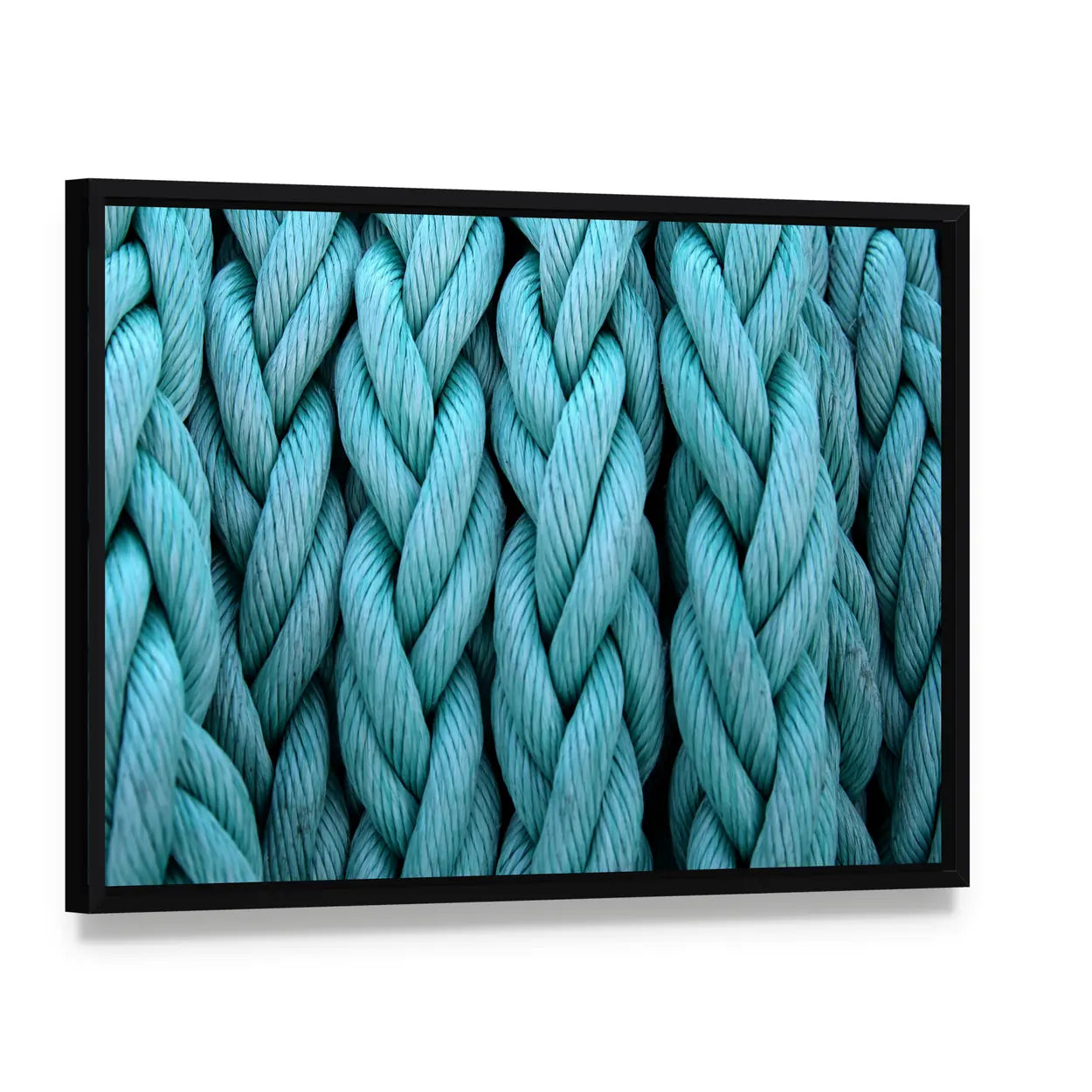 Rope on a Boat Canvas Wall Art, framed canvas in a black floater frame, angled product view
