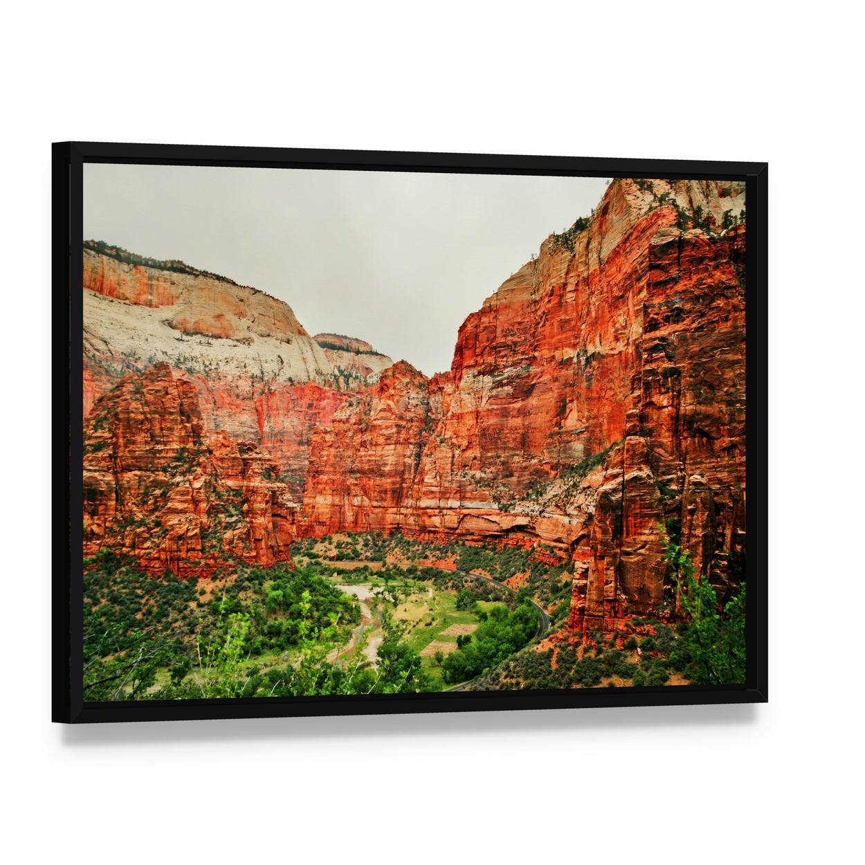 Zion National Park Canyon River Landscape Canvas Wall Art, framed canvas in a black floater frame, angled product view