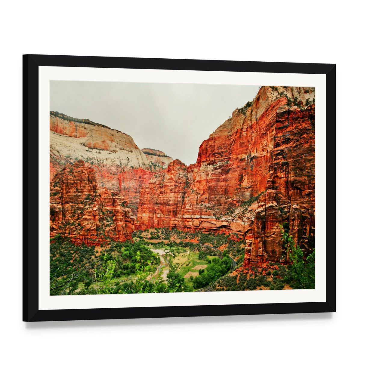 Zion National Park Canyon River Landscape Canvas Wall Art, framed print with white mat and black frame, angled product view
