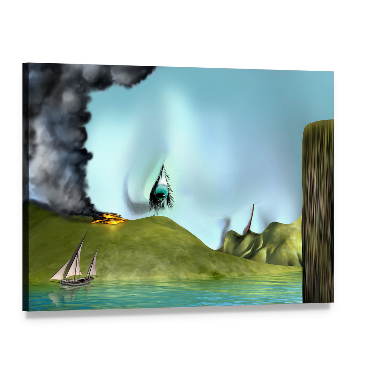 Surreal Eye Above Volcano and Sailboat Canvas Wall Art, single panel gallery wrapped canvas, angled product view