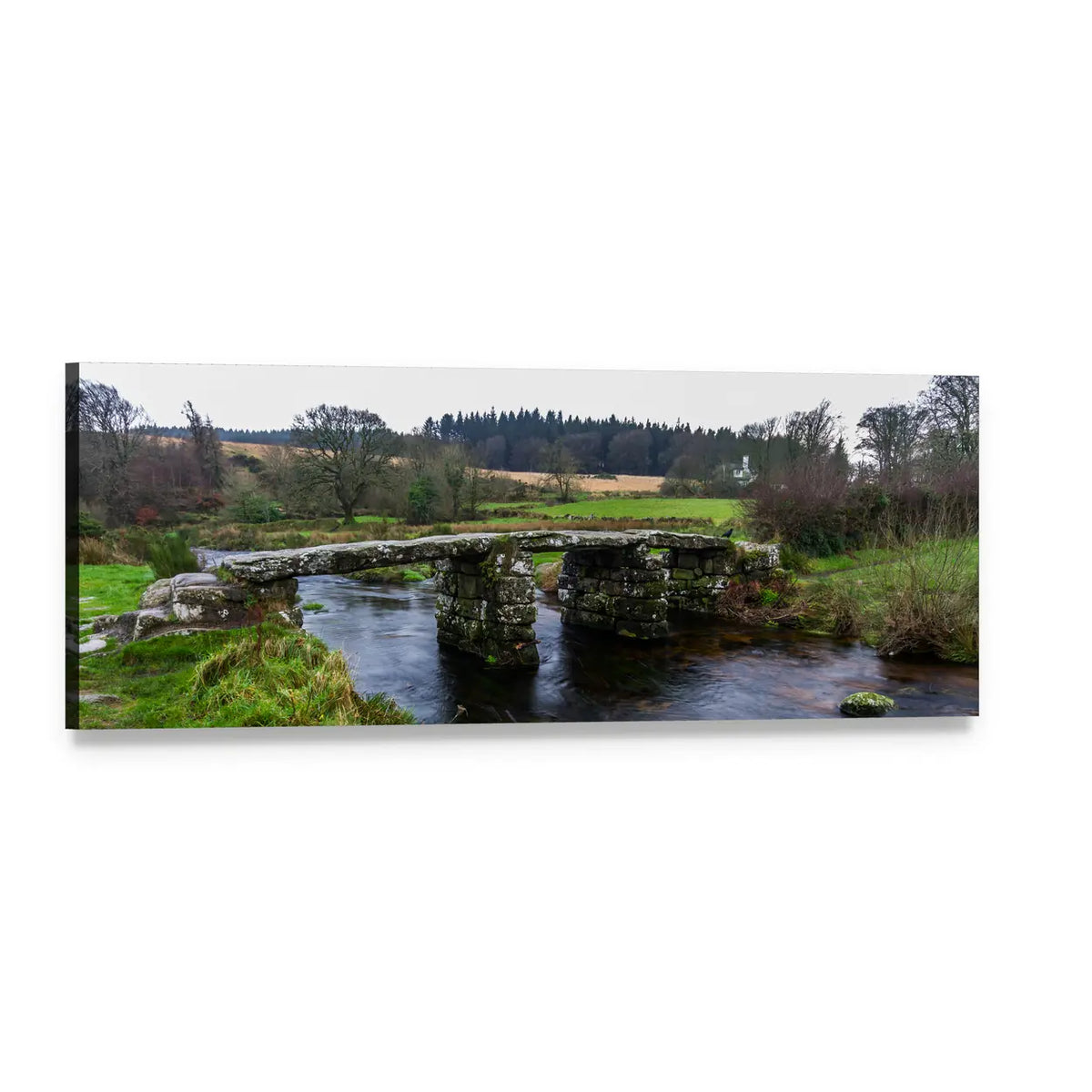 Postbridge Stone Clapper Bridge Over River Panoramic Canvas Wall Art, single panel gallery wrapped canvas, angled product view