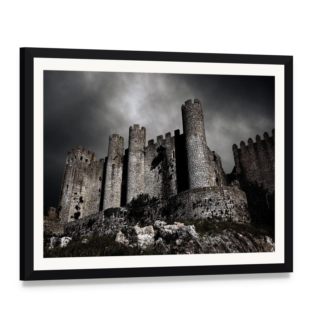 Medieval Castle at Night Canvas Wall Art, framed print with white mat and black frame, angled product view