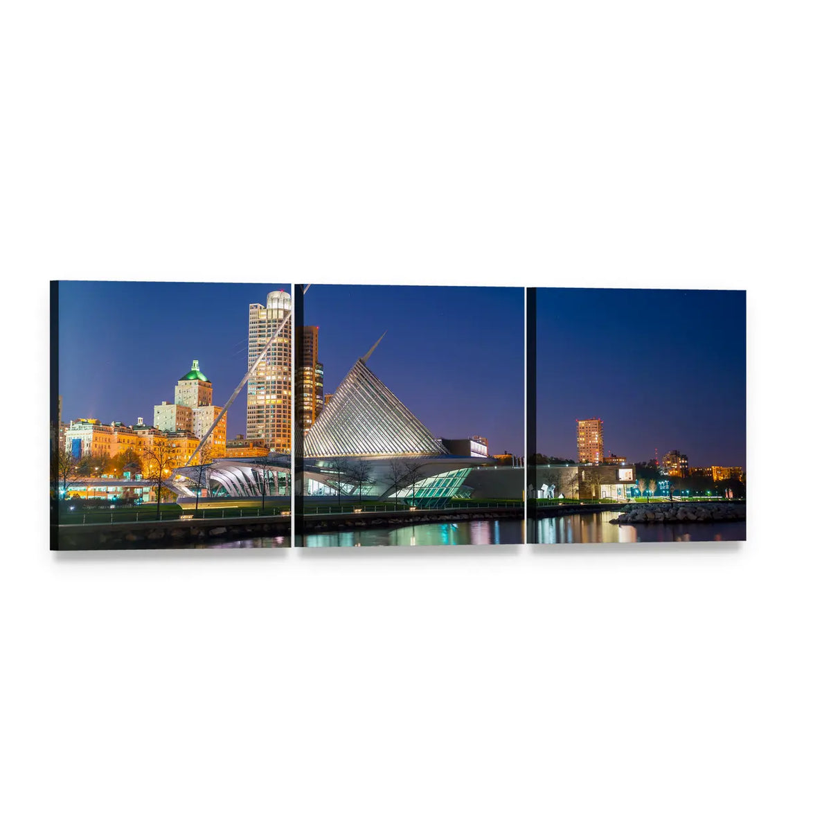 Milwaukee Skyline at Twilight Panoramic Canvas Wall Art, 3 panel 3 Piece layout gallery wrapped canvas set, angled product view