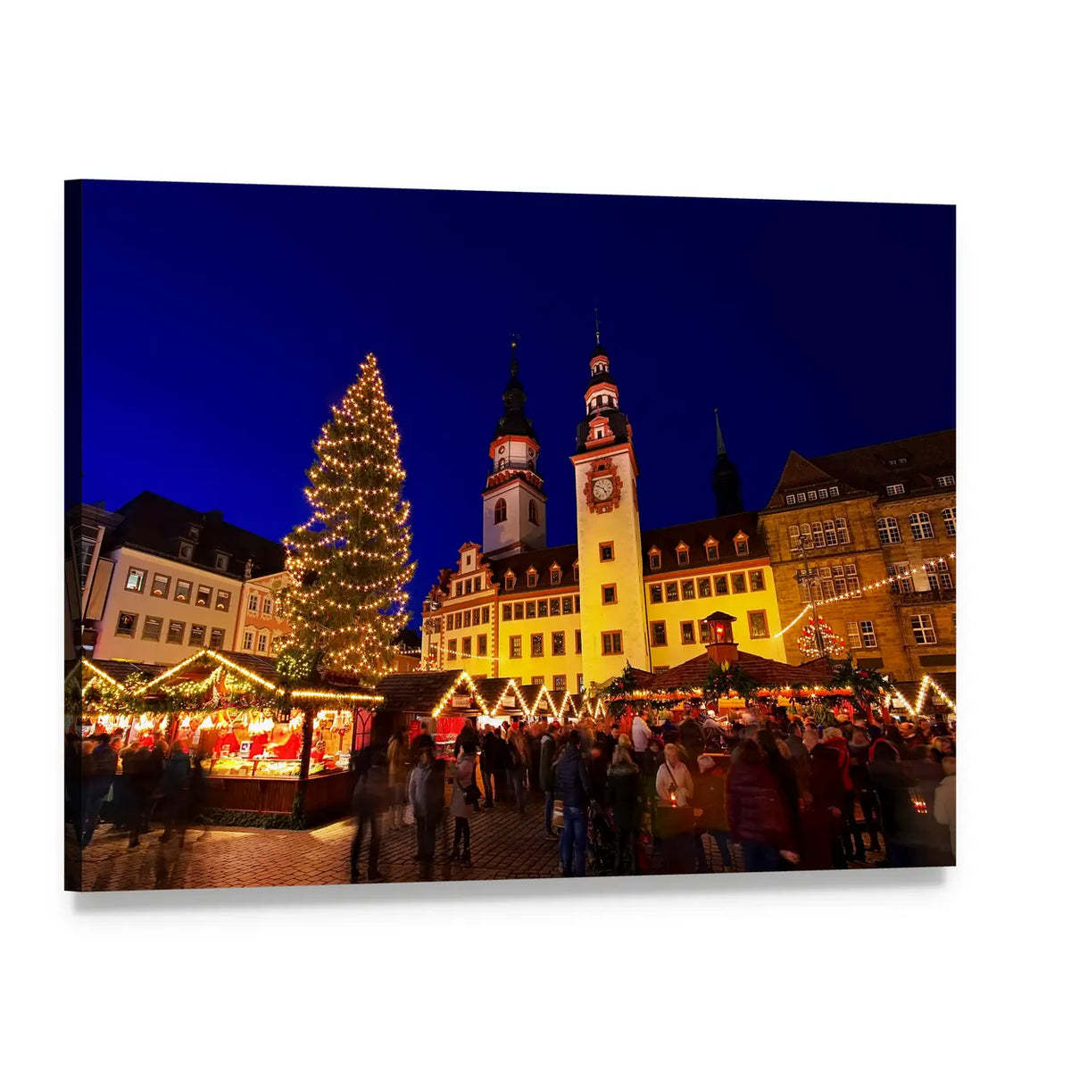Christmas Market with Illuminated Clock Tower Canvas Wall Art, single panel gallery wrapped canvas, angled product view