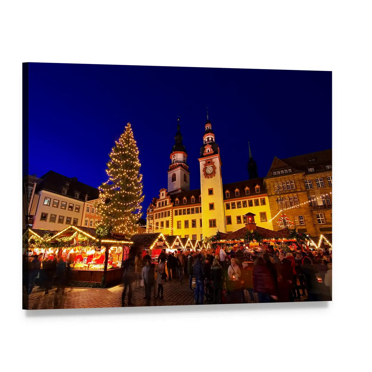 Christmas Market with Illuminated Clock Tower Canvas Wall Art, single panel gallery wrapped canvas, angled product view