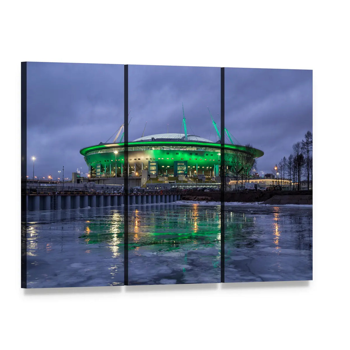 Krestovsky Island at Night Canvas Wall Art, 3 panel 3 Horizontal layout gallery wrapped canvas set, angled product view