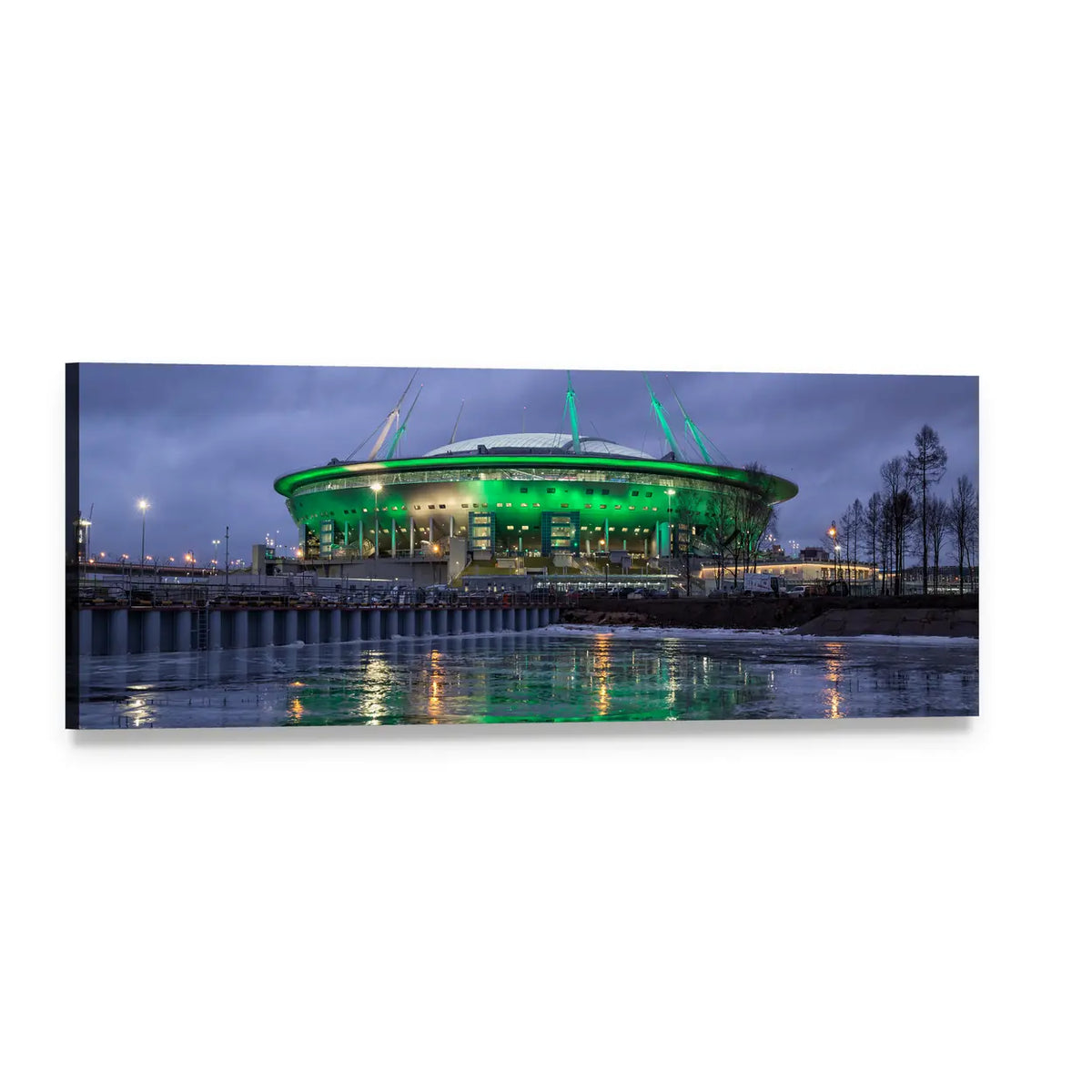 Krestovsky Island Stadium at Night Panoramic Canvas Wall Art, single panel gallery wrapped canvas, angled product view