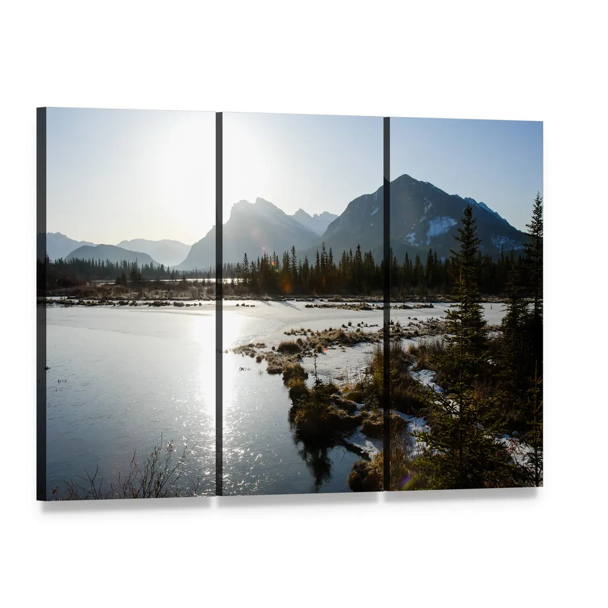 Vermilion Lake Morning Reflection Canvas Wall Art, 3 panel 3 Horizontal layout gallery wrapped canvas set, angled product view