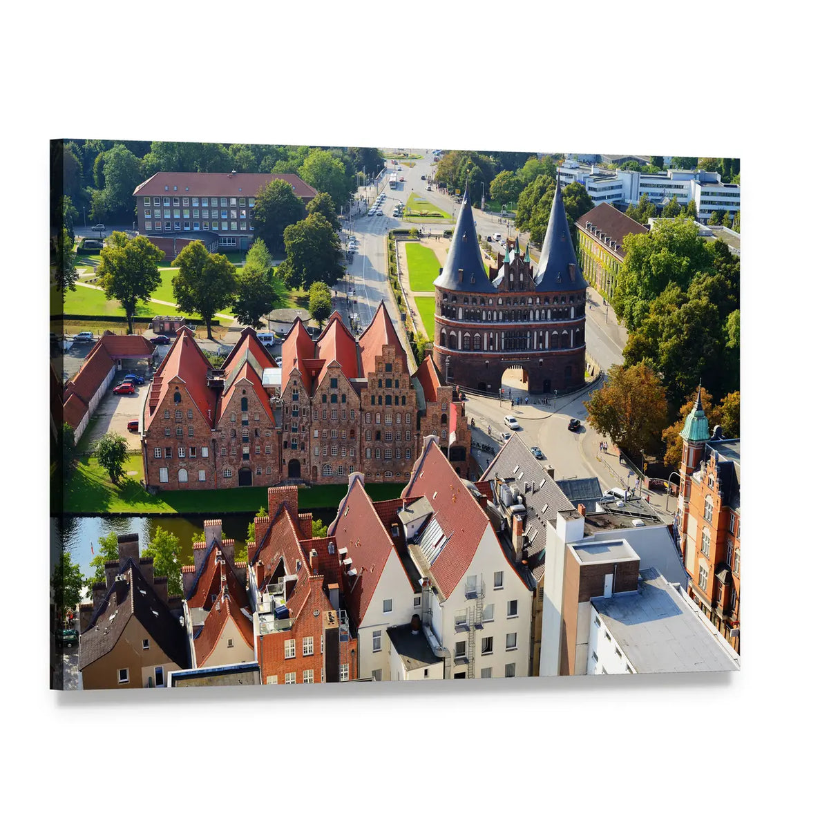 Holstentor Gate and Salzspeicher View Canvas Wall Art, single panel gallery wrapped canvas, angled product view