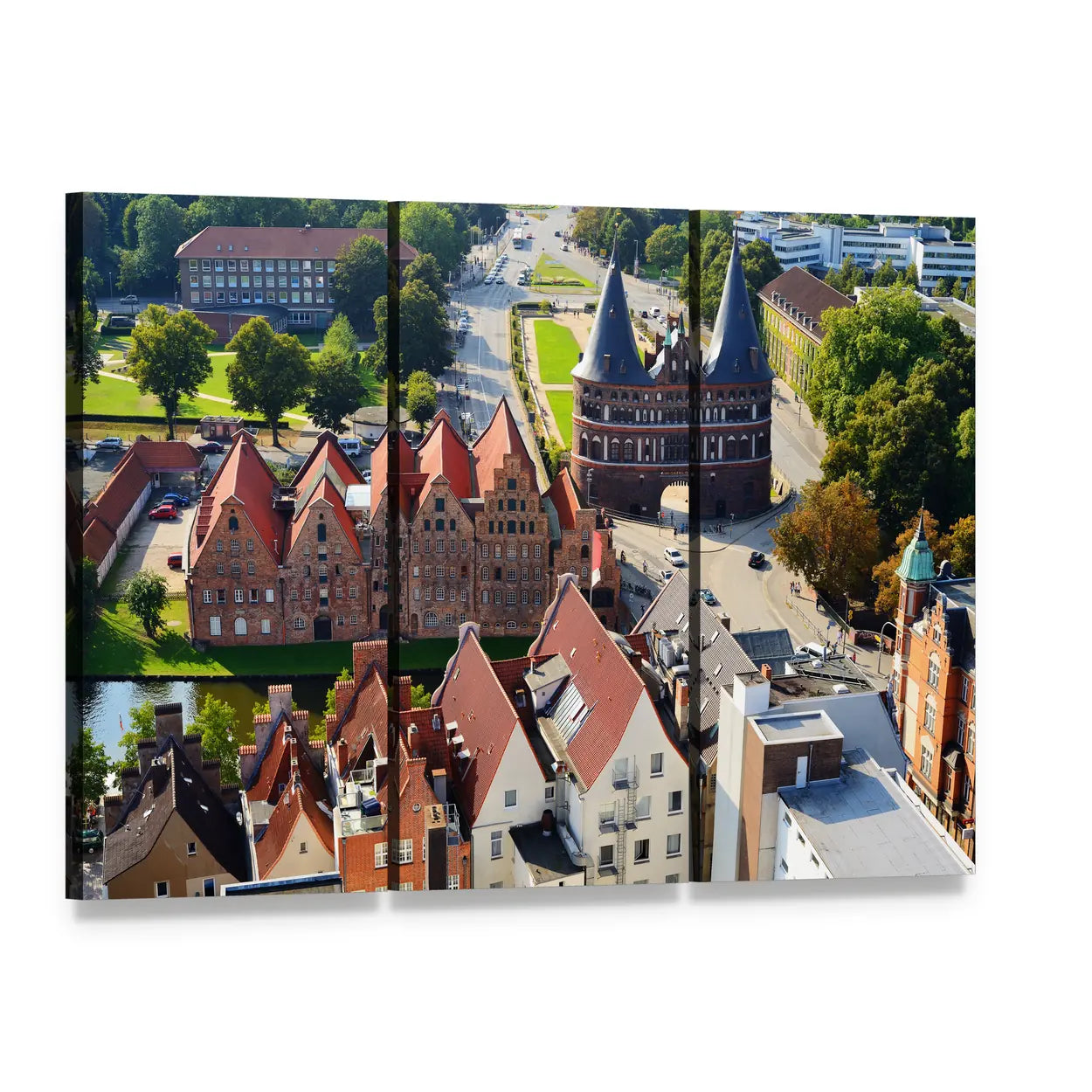 Holstentor Gate and Salzspeicher View Canvas Wall Art, 3 panel 3 Horizontal layout gallery wrapped canvas set, angled product view