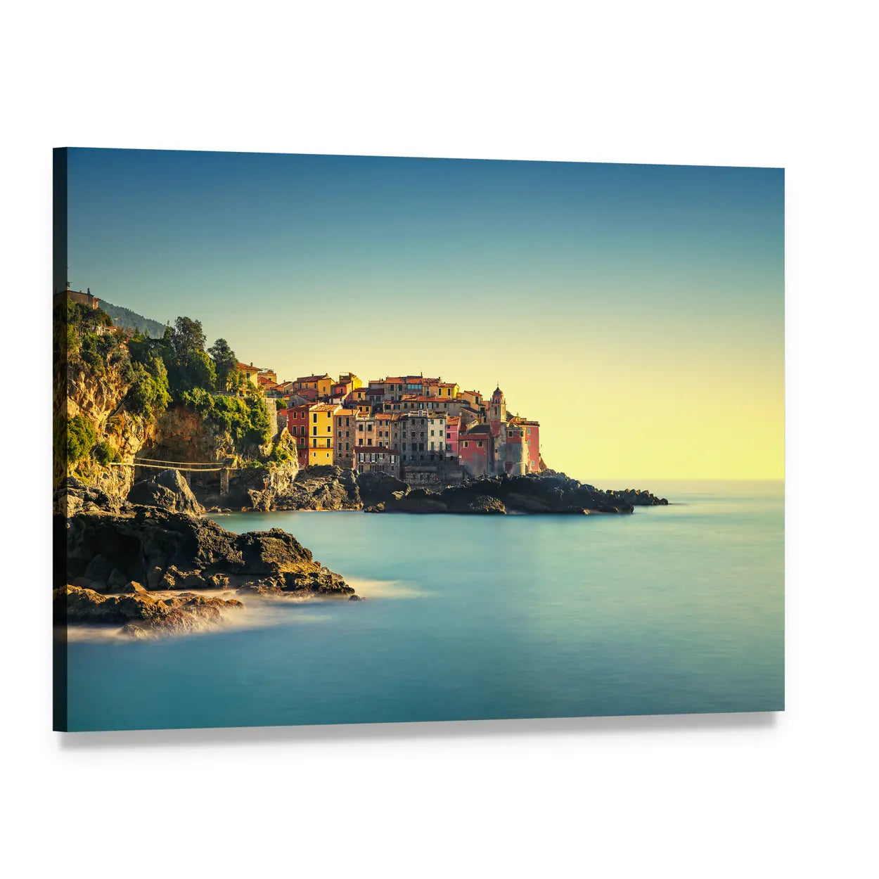 Colorful Clifftop Coastal Village Canvas Wall Art, single panel gallery wrapped canvas, angled product view