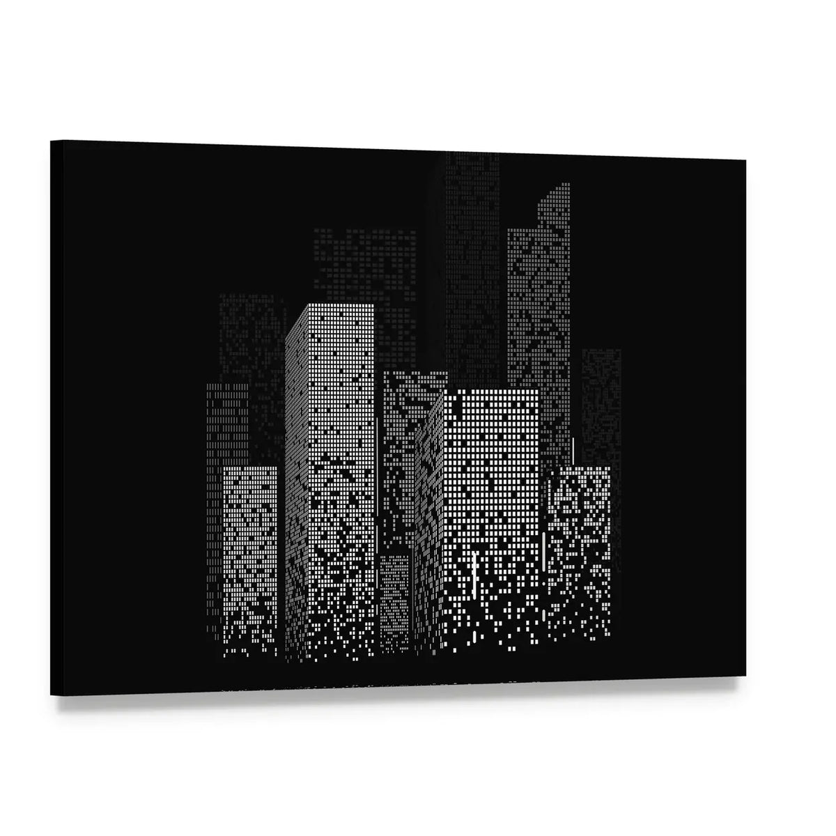 Pixelated Night City Skyline Canvas Wall Art, single panel gallery wrapped canvas, angled product view