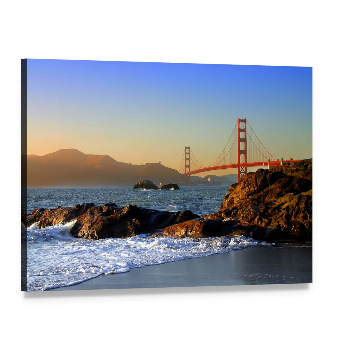 Golden Gate Bridge at Sunset Canvas Wall Art, single panel gallery wrapped canvas, angled product view