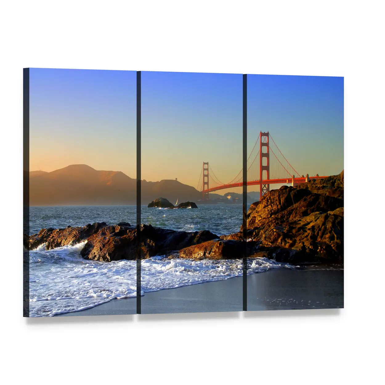 Golden Gate Bridge at Sunset Canvas Wall Art, 3 panel 3 Horizontal layout gallery wrapped canvas set, angled product view