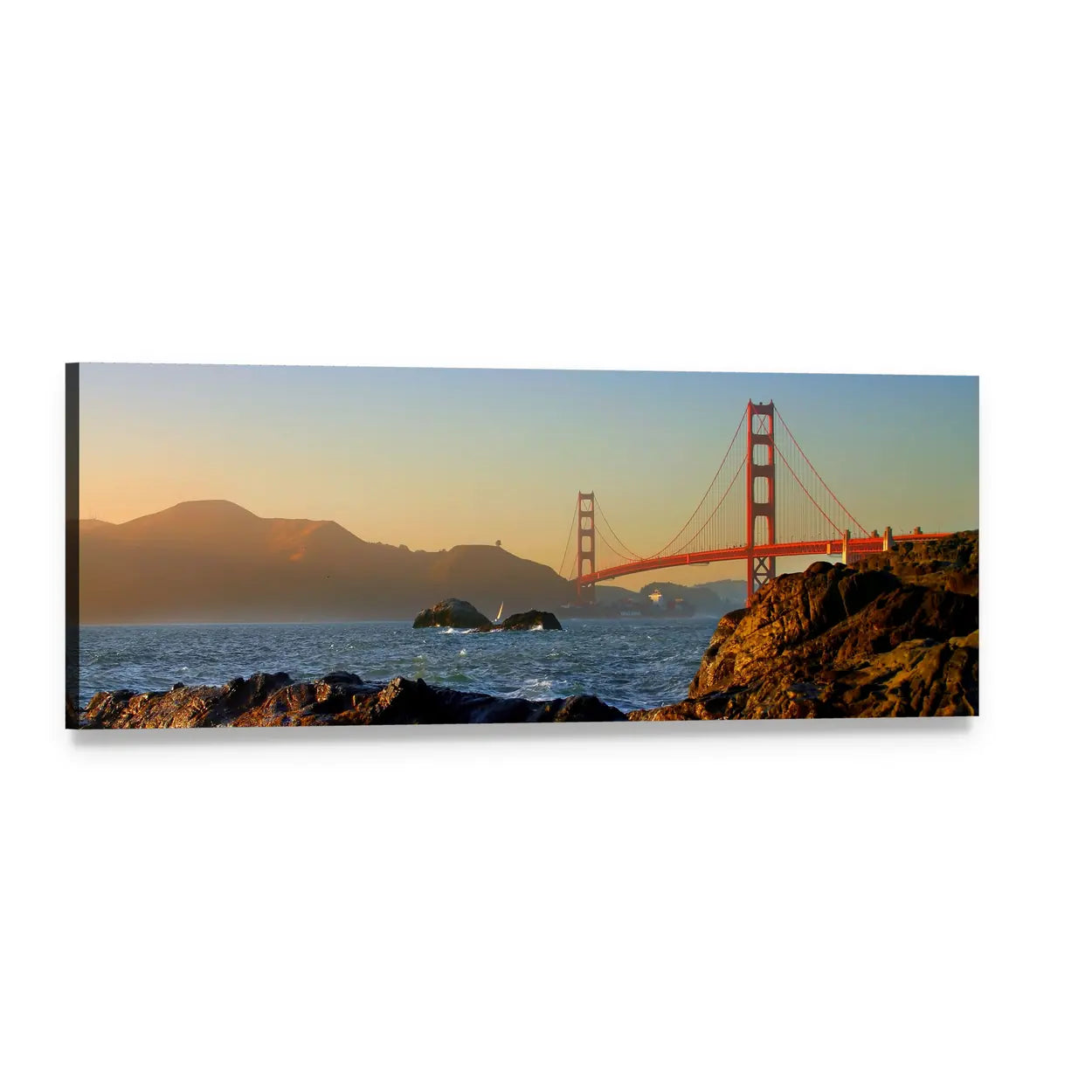 San Francisco Golden Gate Bridge Sunset Panoramic Canvas Wall Art, single panel gallery wrapped canvas, angled product view
