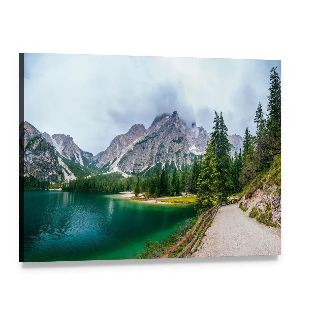 Alpine Lake with Turquoise Water Canvas Wall Art, single panel gallery wrapped canvas, angled product view