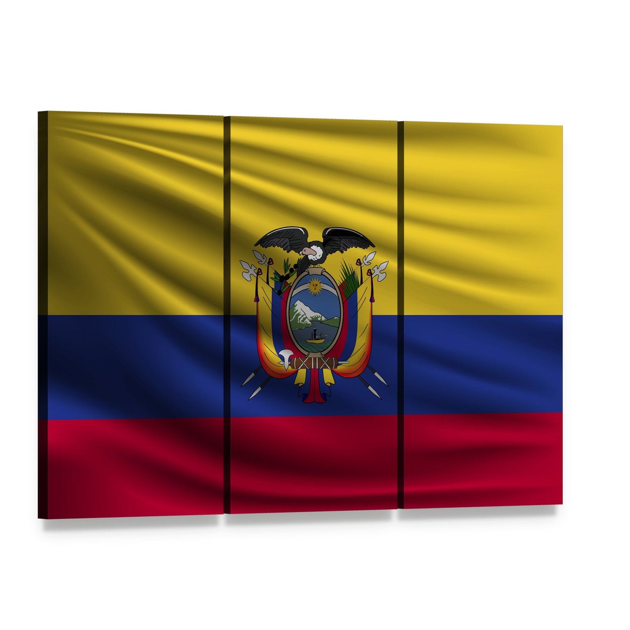 National Flag of Ecuador Canvas Wall Art, 3 panel 3 Horizontal layout gallery wrapped canvas set, angled product view