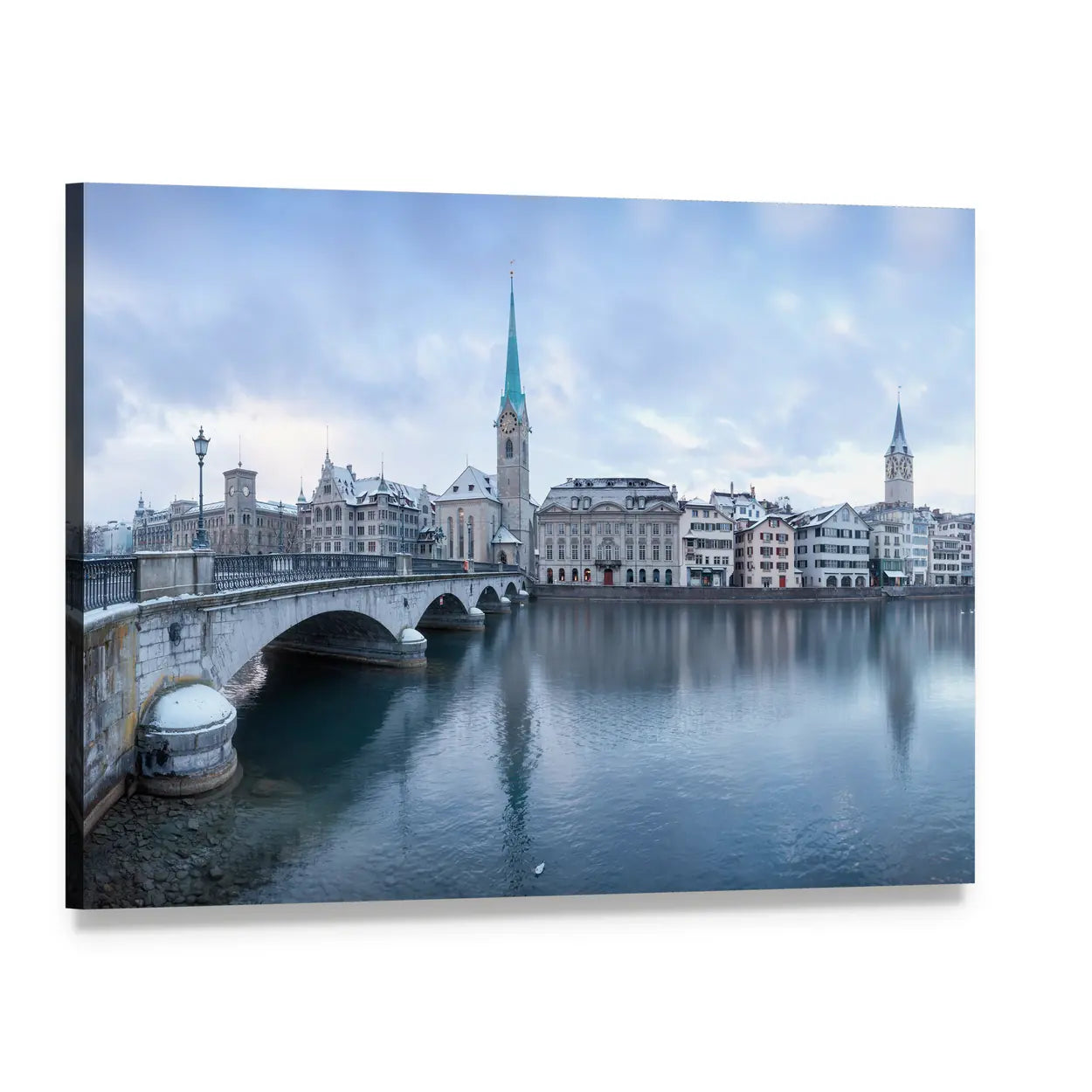 Zurich Winter Lake with Church Steeple Canvas Wall Art, single panel gallery wrapped canvas, angled product view