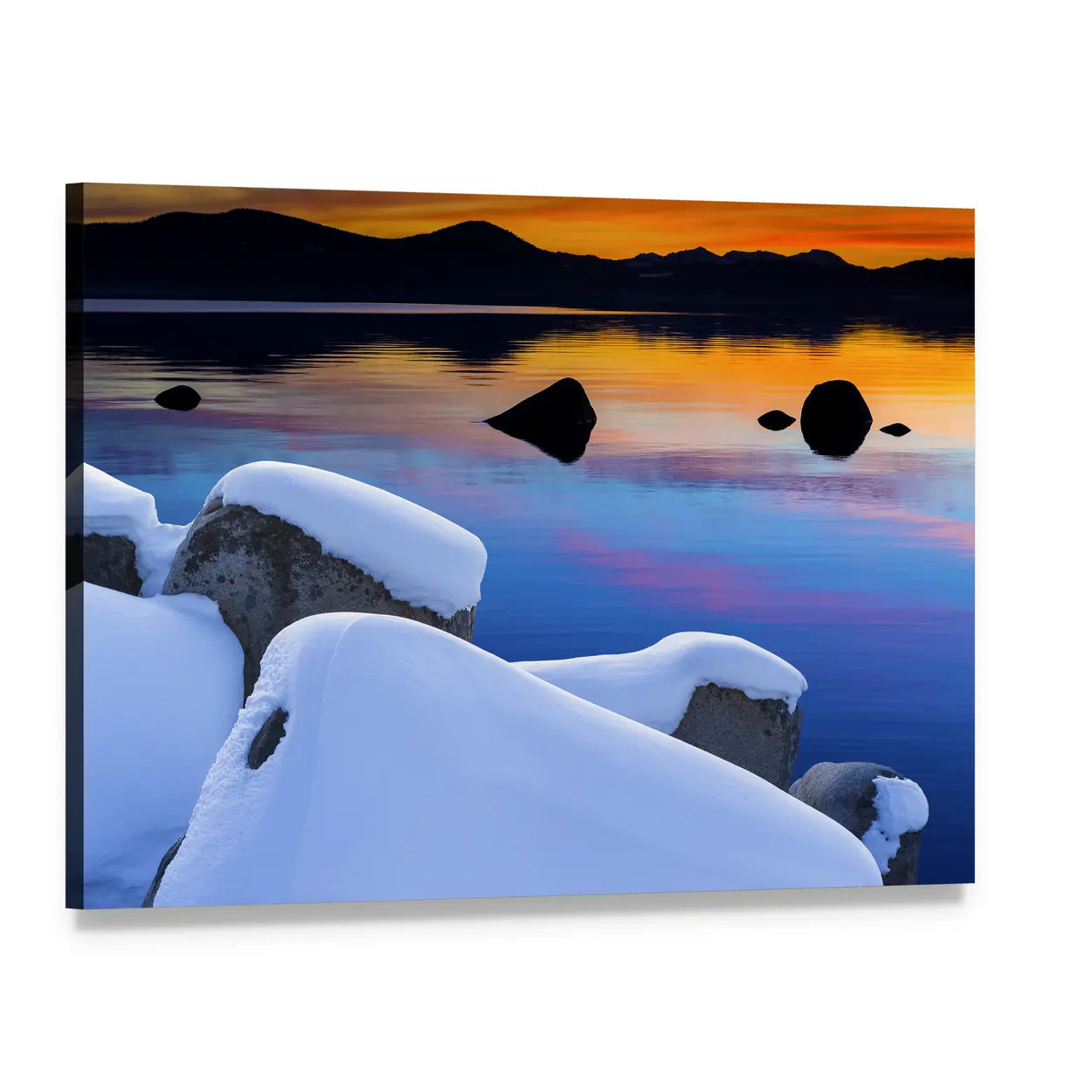 Lake Tahoe Sunrise Over Snow-capped Rocks Canvas Wall Art, single panel gallery wrapped canvas, angled product view