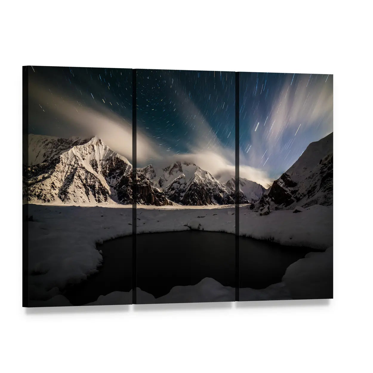 Star Trails Over Snowy Peaks and Lake Canvas Wall Art, 3 panel 3 Horizontal layout gallery wrapped canvas set, angled product view