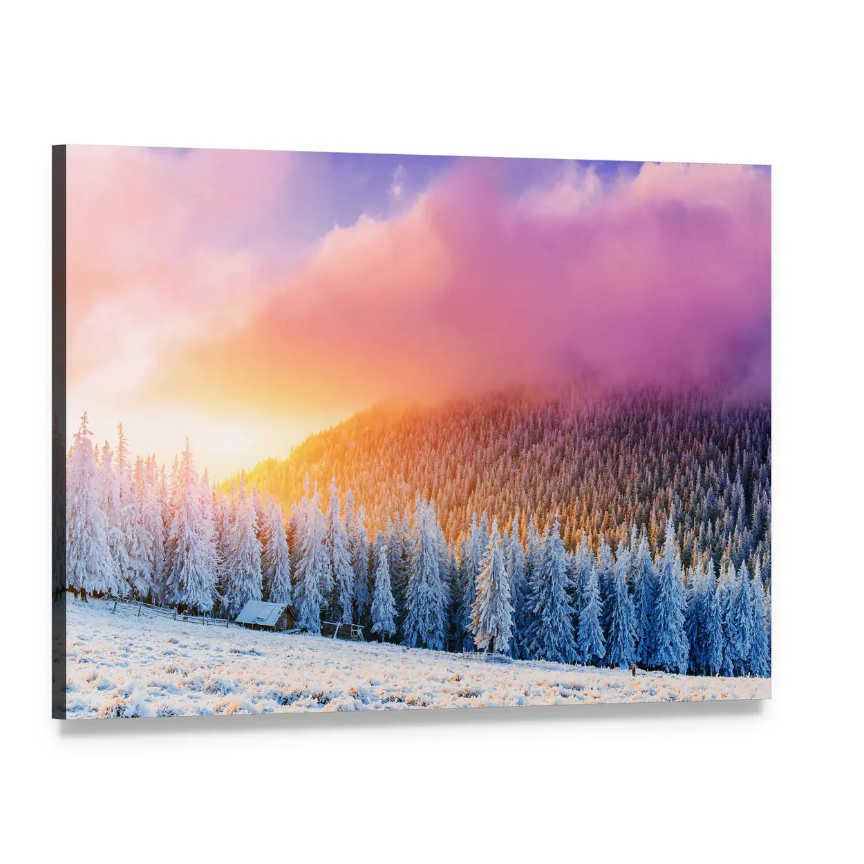 Winter Sunrise Over Snow-covered Pines and Cabin Canvas Wall Art, single panel gallery wrapped canvas, angled product view
