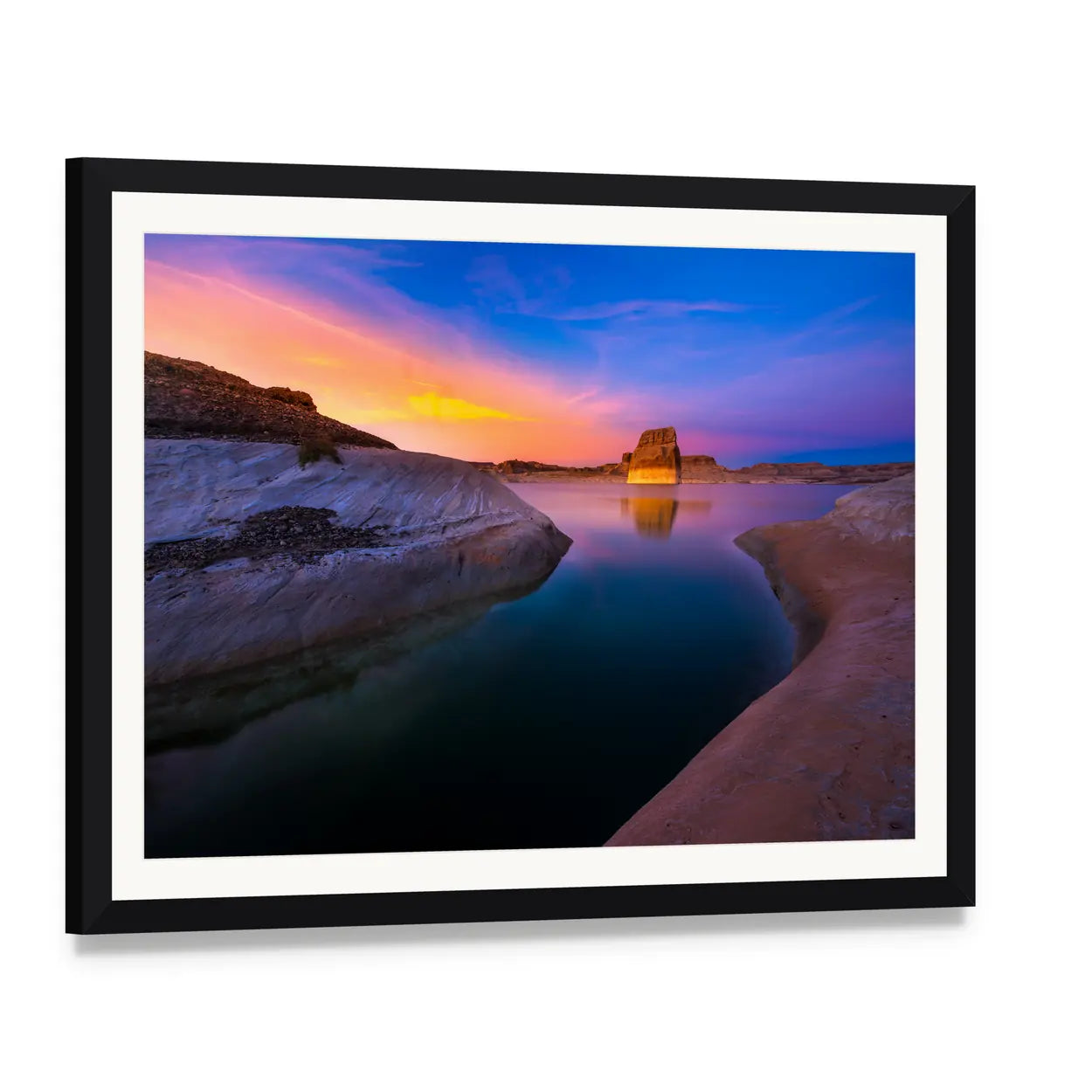 Sunset Over Lake Powell Canvas Wall Art, framed print with white mat and black frame, angled product view