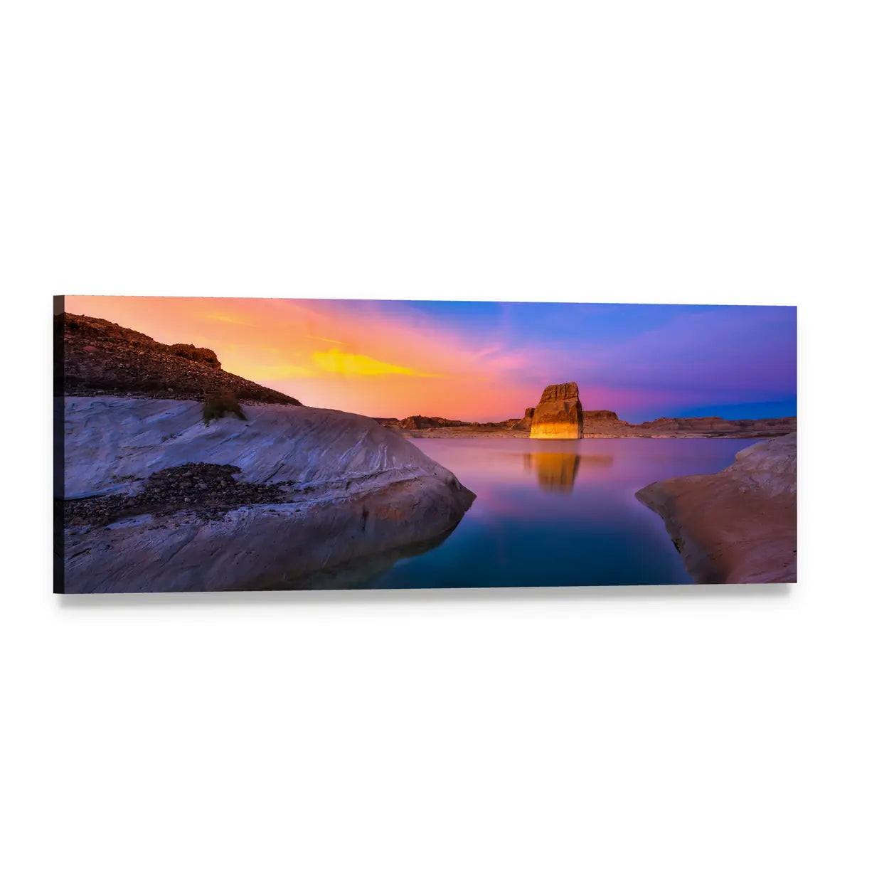 Lake Powell Sunset Reflection Panoramic Canvas Wall Art, single panel gallery wrapped canvas, angled product view